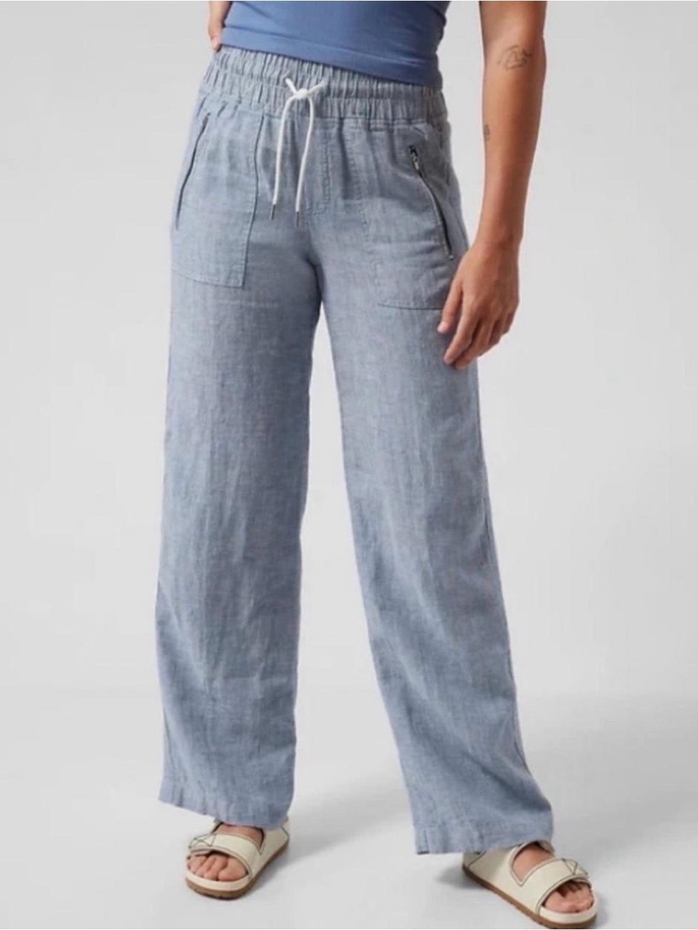 Athleta Cabo Linen Wide Leg Pants Light Blue Heather Size 20